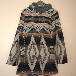 Wool jacket with fur hood